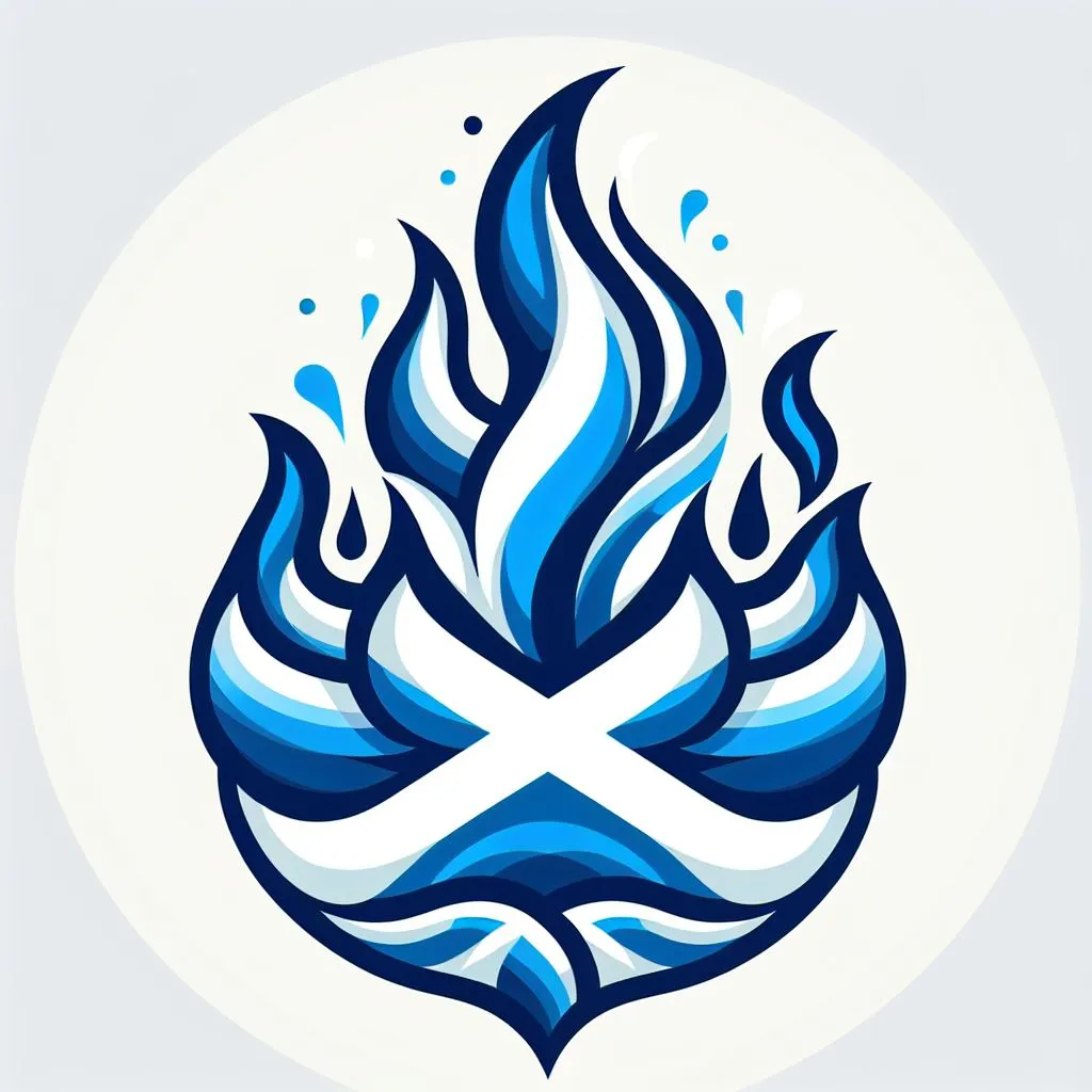 A.I. generated blue and white Govcamp Scotland logo, which looks like a falling fireball with the Saint Andrew's Cross in thje middle.