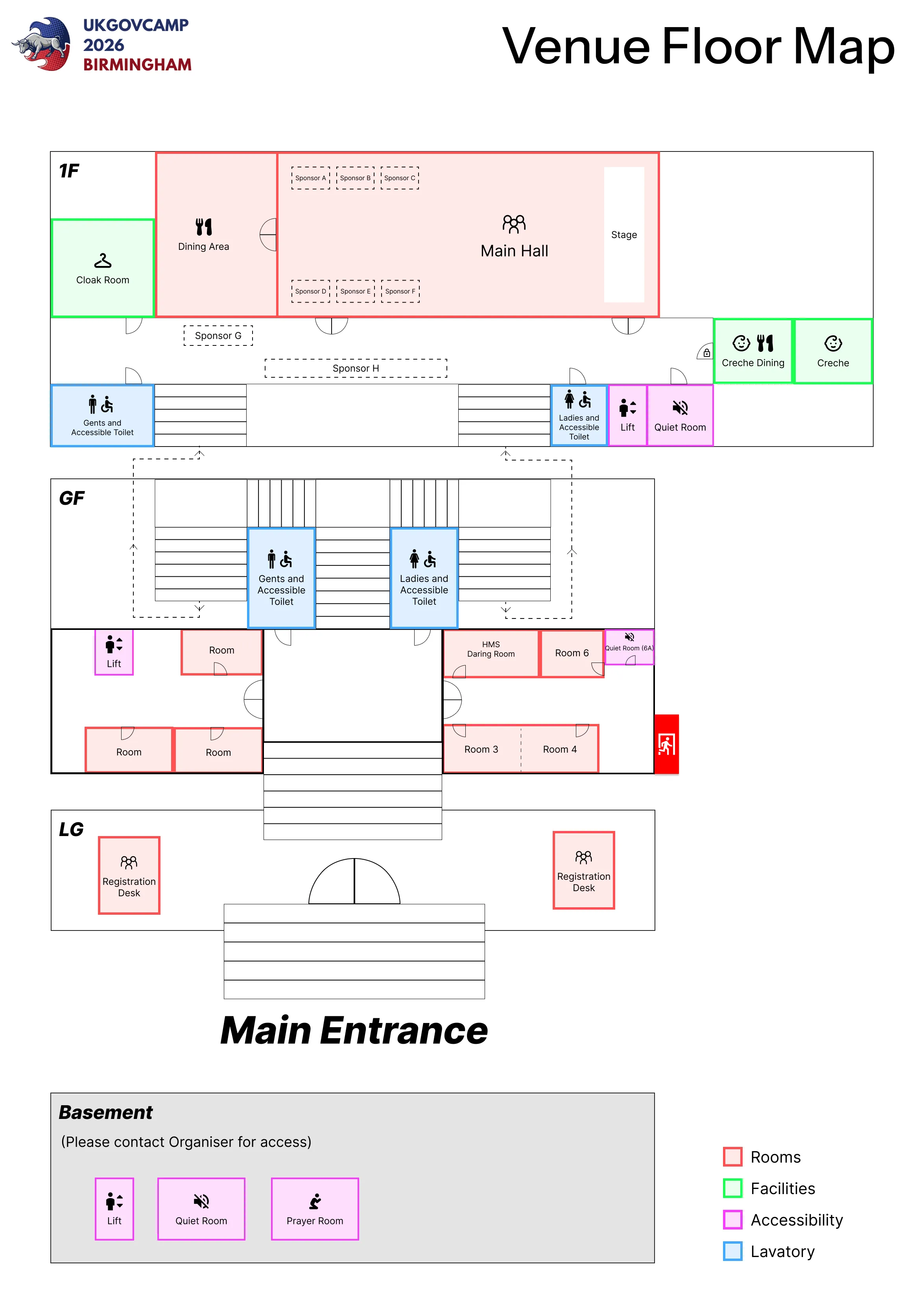 Floor Map of Brimingham City Council House, demonstrating the venue layout and accessibility facilities.